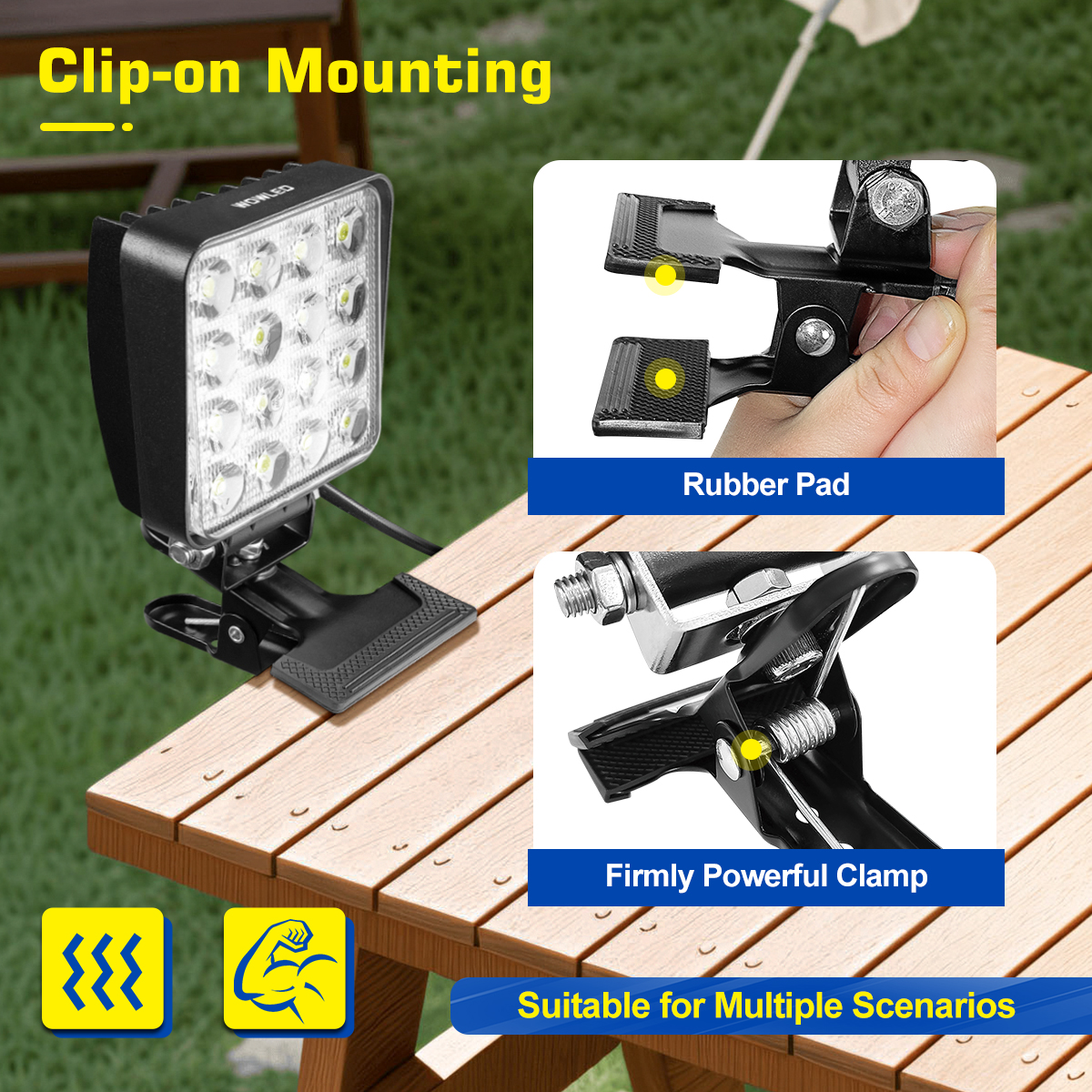 WOWLED LED Work Light Spotlight with Clip, 2 Way Power Portable Super Bright Headlights with Clamp, Boat Spreader 48W Marine Lights for Jon Fishing T-Top Dock Truck Car Lights 4X4 SUV 4WD 12V 24V