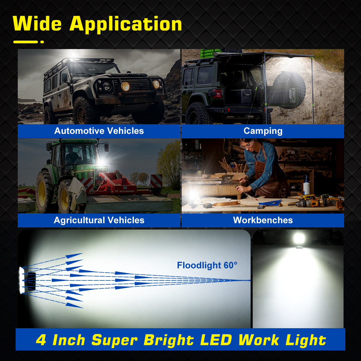 WOWLED LED Work Light Spotlight with Clip, 2 Way Power Portable Super Bright Headlights with Clamp, Boat Spreader 48W Marine Lights for Jon Fishing T-Top Dock Truck Car Lights 4X4 SUV 4WD 12V 24V