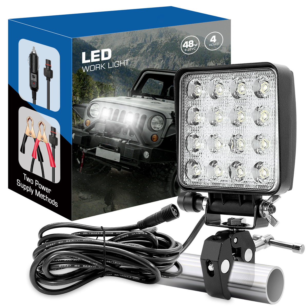 WOWLED 12V Portable LED Work Light with Mounting Clamp, Two Way Power Super Bright Boat Light with Cigarette & Clamp, LED Spreader Pod 48W 12V Marine Lights for Fishing T-Top Truck 4X4 SUV