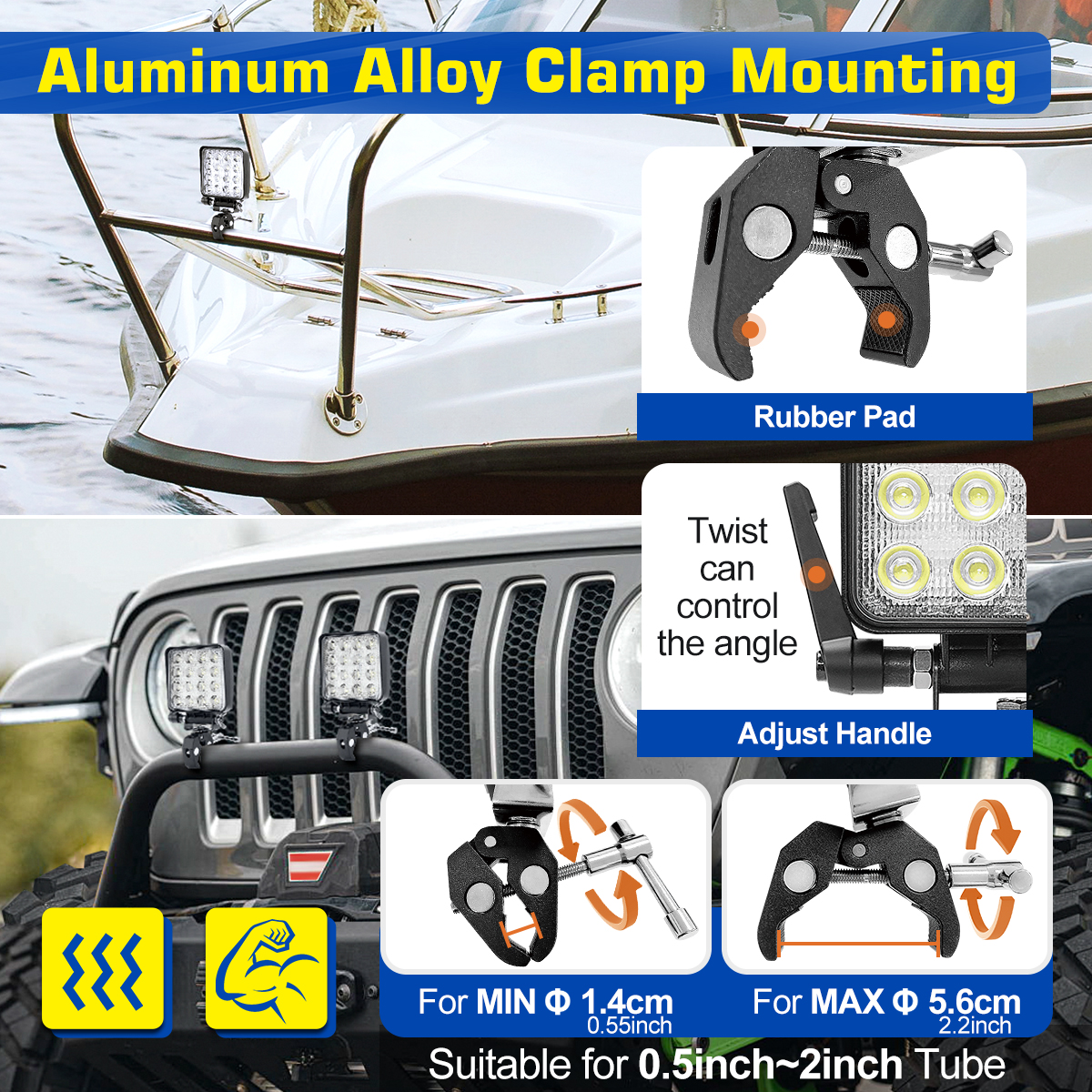 WOWLED 12V Portable LED Work Light with Mounting Clamp, Two Way Power Super Bright Boat Light with Cigarette & Clamp, LED Spreader Pod 48W 12V Marine Lights for Fishing T-Top Truck 4X4 SUV