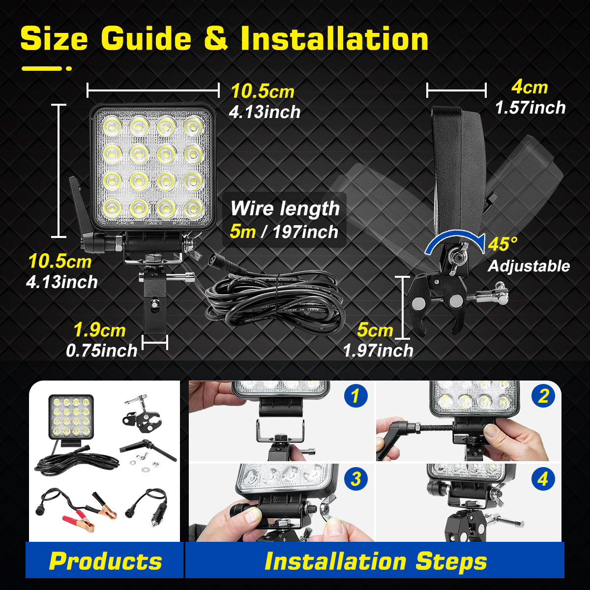 WOWLED 12V Portable LED Work Light with Mounting Clamp, Two Way Power Super Bright Boat Light with Cigarette & Clamp, LED Spreader Pod 48W 12V Marine Lights for Fishing T-Top Truck 4X4 SUV