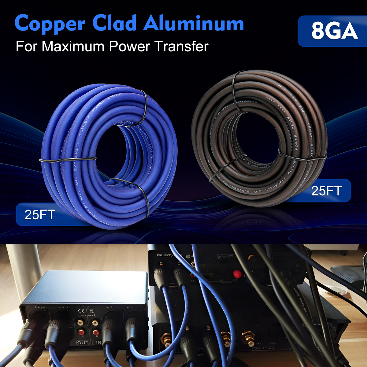 8 Gauge Wire (25ft Black + Blue) - CCA Automotive Power/Ground Cable for Car Audio Battery, Marine, Welding, Electrical Audio Wiring for Speaker Amp
