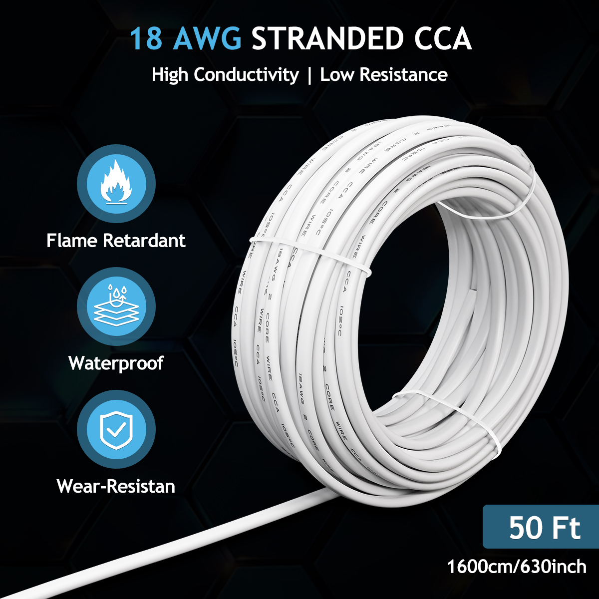 18 AWG 2 Conductor Electrical Wire White, 50FT PVC Insulated black red 2 Core CCA Wire, Flexible Durable Cable for LED Lighting, Audio Systems, DIY Projects, Low Voltage Wiring, Alarm System