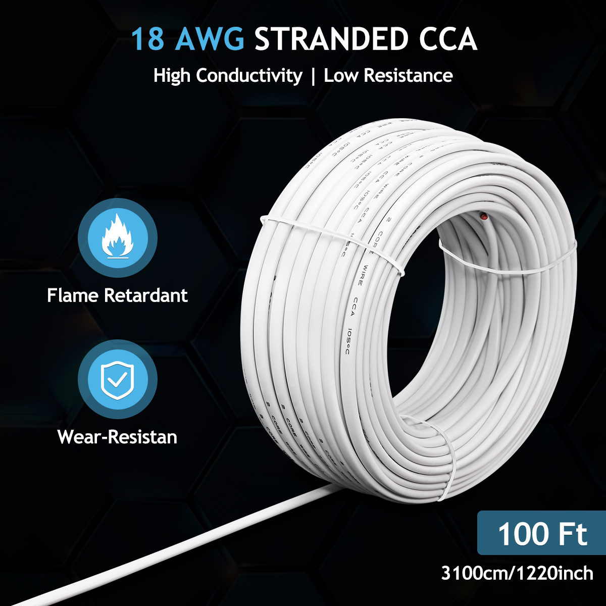 18 Gauge Marine Wire, 18/2 Marine White Cable, 31m 100FT 2 Conductor CCA Copper Stranded PVC 18 AWG Wire for Boat, Automotive, RV, Solar, LED Strips 12V 24V Low Voltage