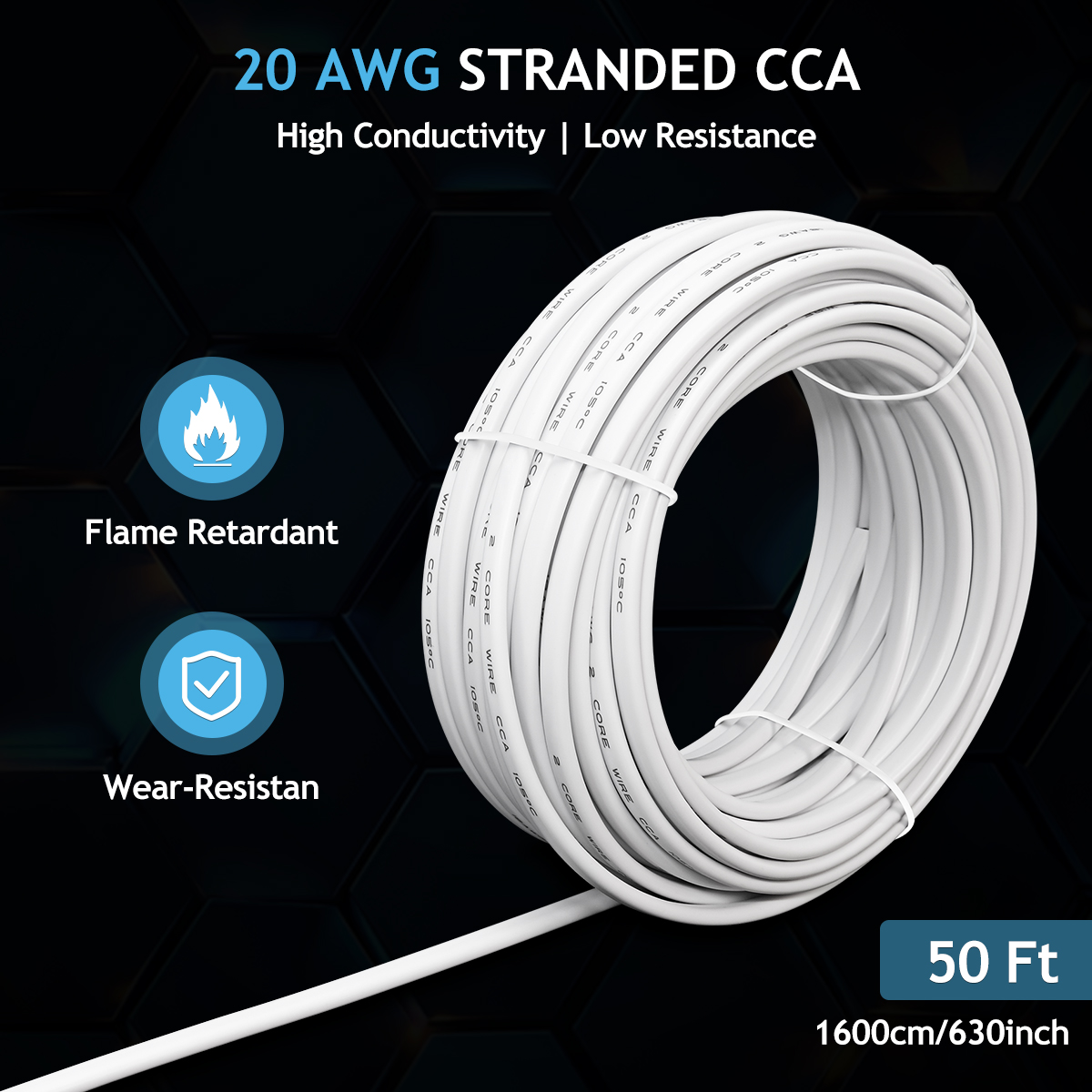 20 AWG 2 Conductor CCA Wire – 20 Gauge White 50FT Copper Clad Aluminium Copper Wire, 16m PVC Electrical Wire for Automotive, LED Lights, Strips, DIY Projects, 12V 24V Low Voltage Wiring