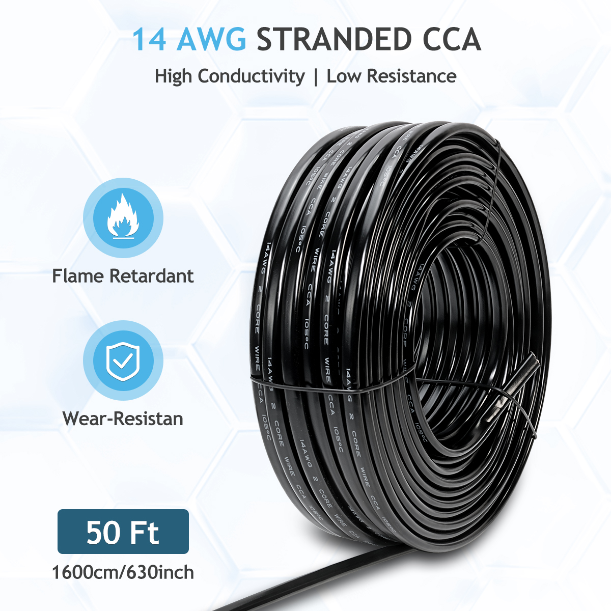 14 Gauge Electrical Wire, 14 AWG 2 Conductor Wire, Flexible CCA Stranded PVC 14/2 Cord for Automotive, Marine, LED Strips, Solar, RV, Lighting Battery Cable 12V 24V (50FT-16M)
