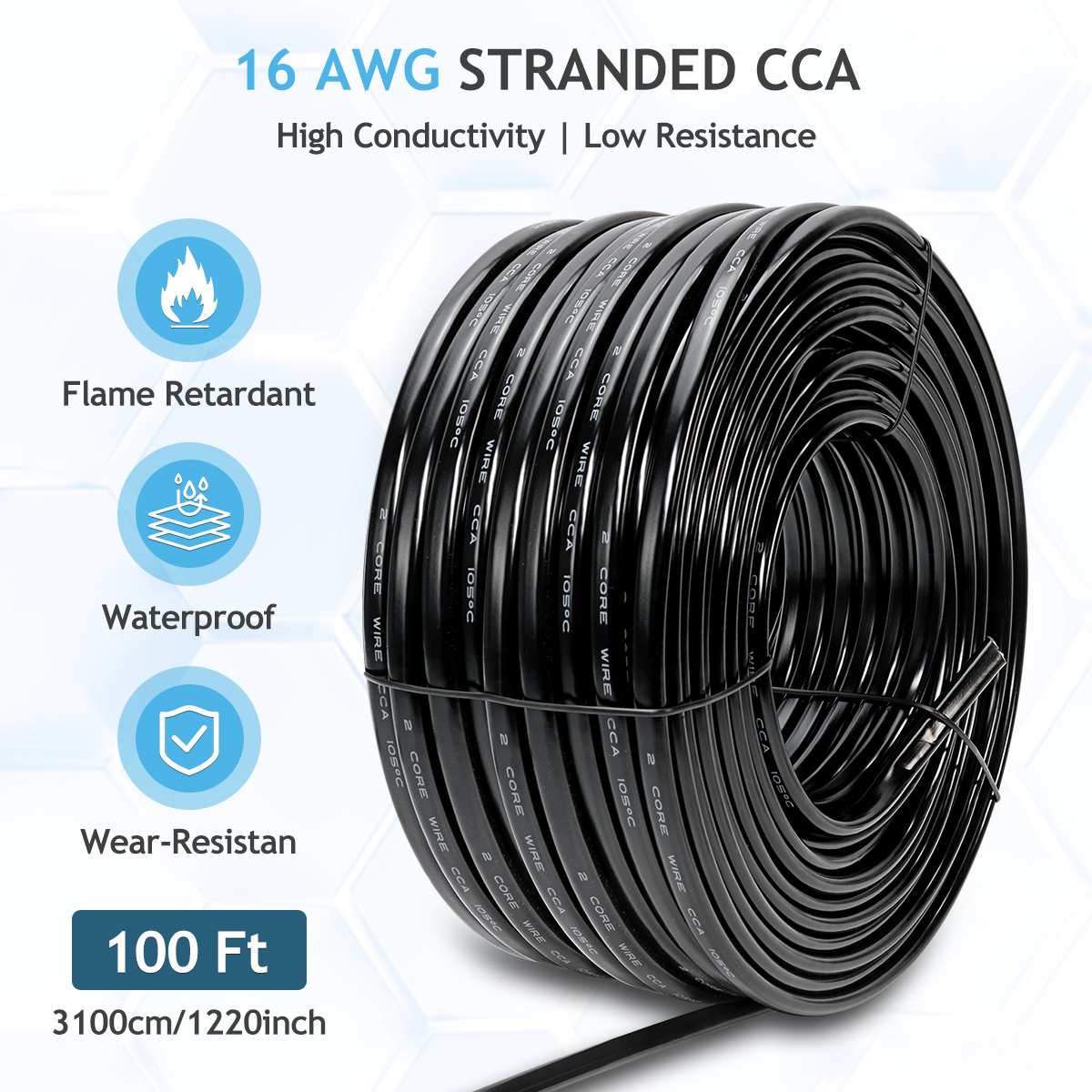 16 Gauge 2 Conductor CCA Wire, 100FT Copper Clad Aluminium Copper Electrical Wire with Flexible PVC Insulation for 12V Use for Automotive, Battery, Marine, Landscape Lighting, Trailer, Speaker