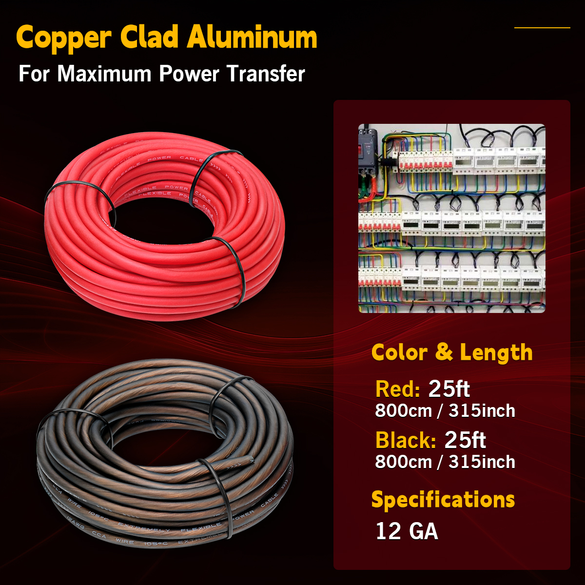 12 Gauge CCA Wire, Silicon 25Ft Red + 25Ft Black Automotive Power/Ground Cable for Car Audio Battery, Marine, Welding, Repair Cable, Flexible Soft Electrical Audio Wiring for Speaker Amp