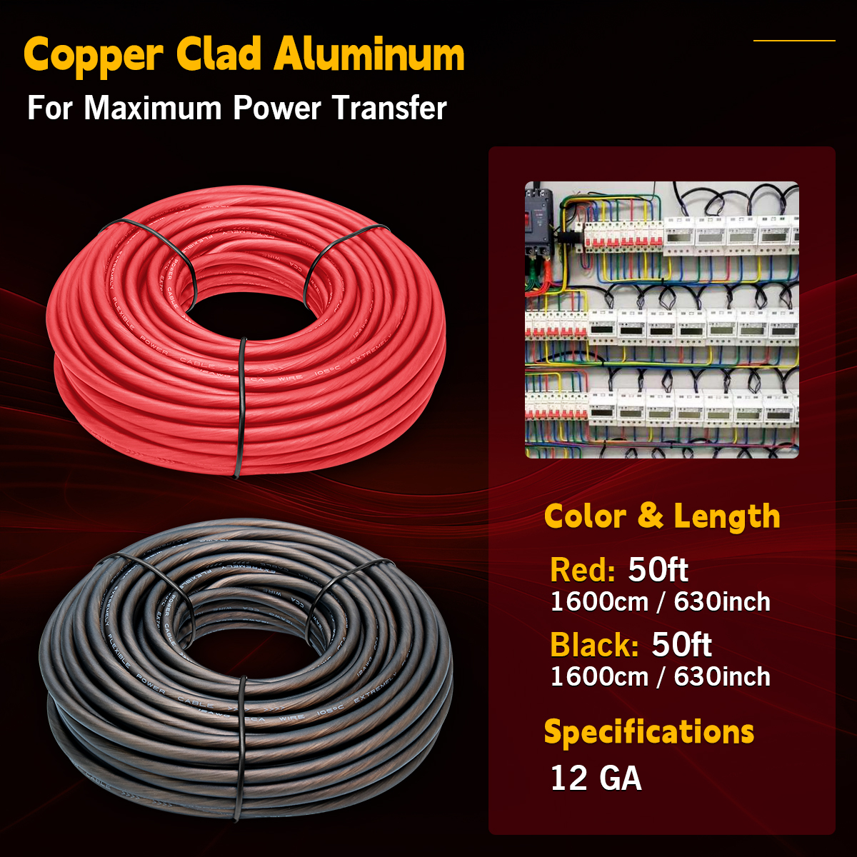 12 Gauge CCA Automotive Battery Cable - 50FT Black/Red 12 AWG Copper Clad Aluminum Wire for Car, RV, Marine, Electrical, 12V 24V Systems, Flexible Silicon Insulated Wire for Automotive Wiring and DIY