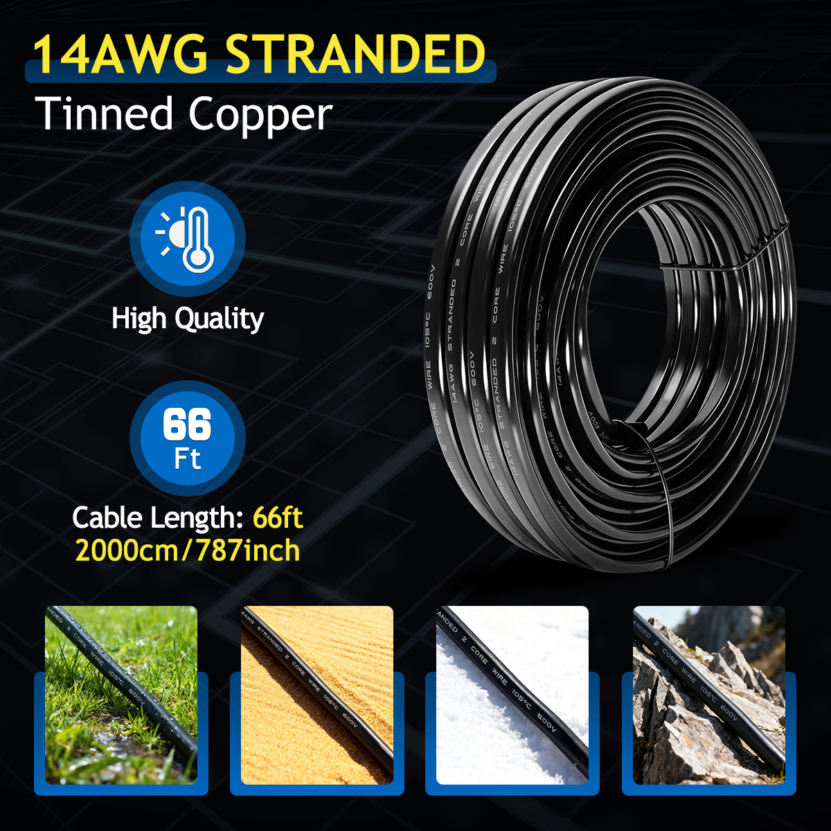 14 Gauge 2x2mm² OFC Tinned Copper Electrical Wire, 14AWG 2 Core Oxygen-Free 66FT/20M Cable, 5V/12V/24V/240V/600V Flexible Wire Solid Stranded Tinned Cooper Cable for Auto Audio, Solar, Home Theater
