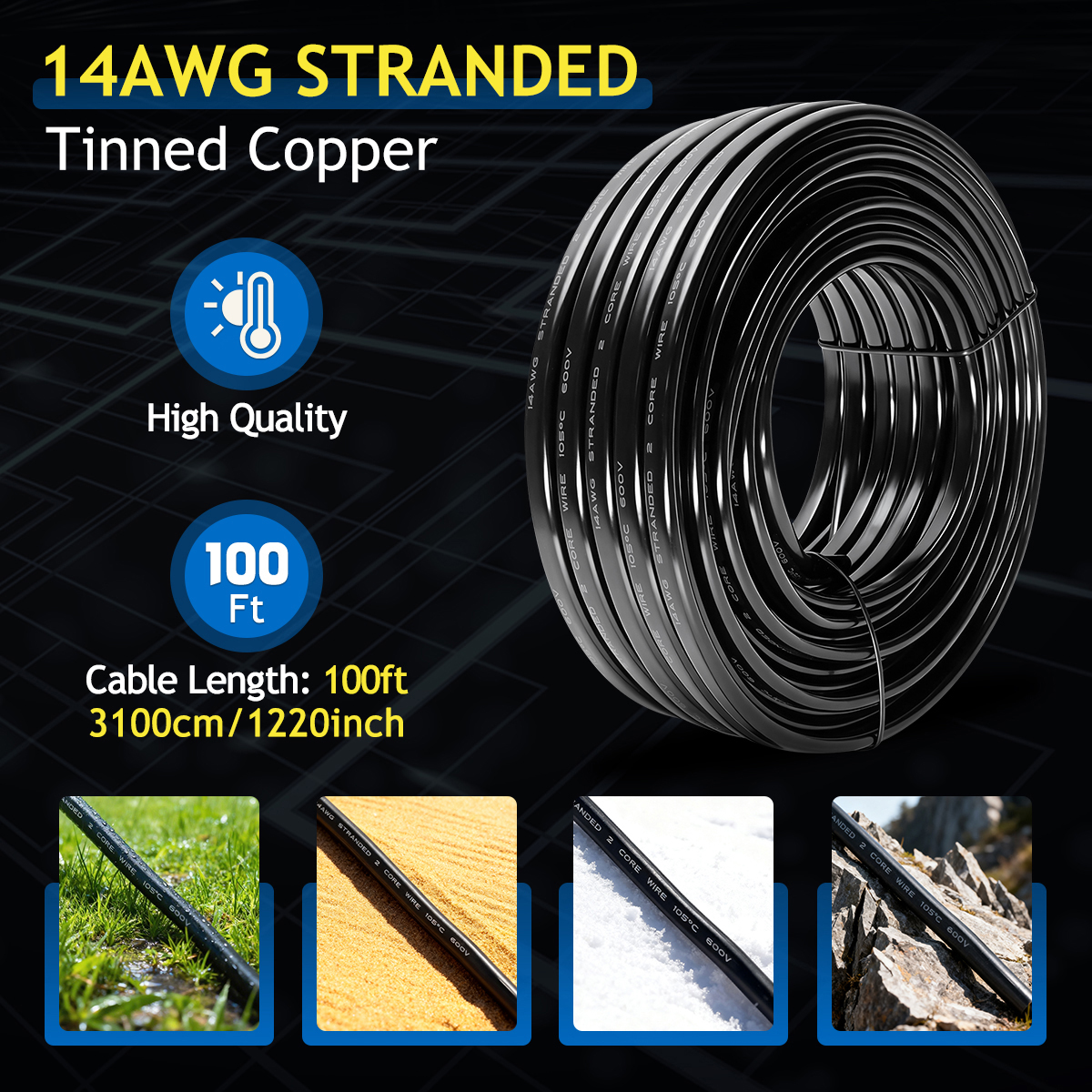 14 AWG 2 Conductor Stranded Tinned Copper Wire | 2x2mm²100FT 31m Flexible Cable with PVC Jacket, 2 Core Oxygen-Free Tinned for LED Lighting, Automotive, Audio & Lamp Solar Projects