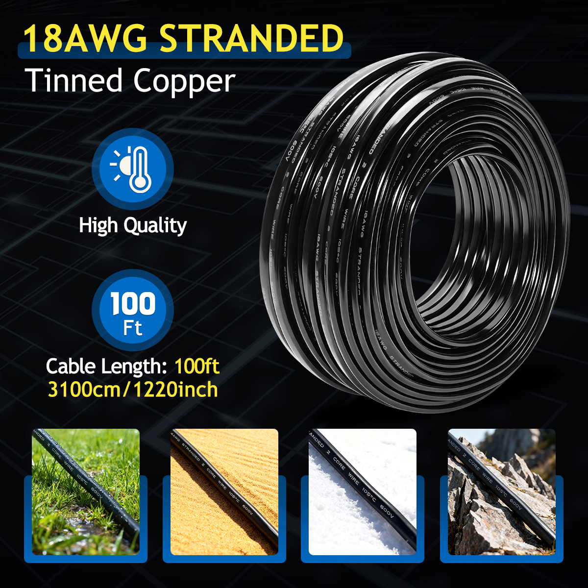 18AWG Stranded Tinned Copper Cable 100FT 2 Conductor |18 Gauge Oxygen-Free Flexible Pure Copper Cable for Car Audio, LED Strips, Speakers & Low Voltage DIY Automotive Audio, Solar, Home Theater