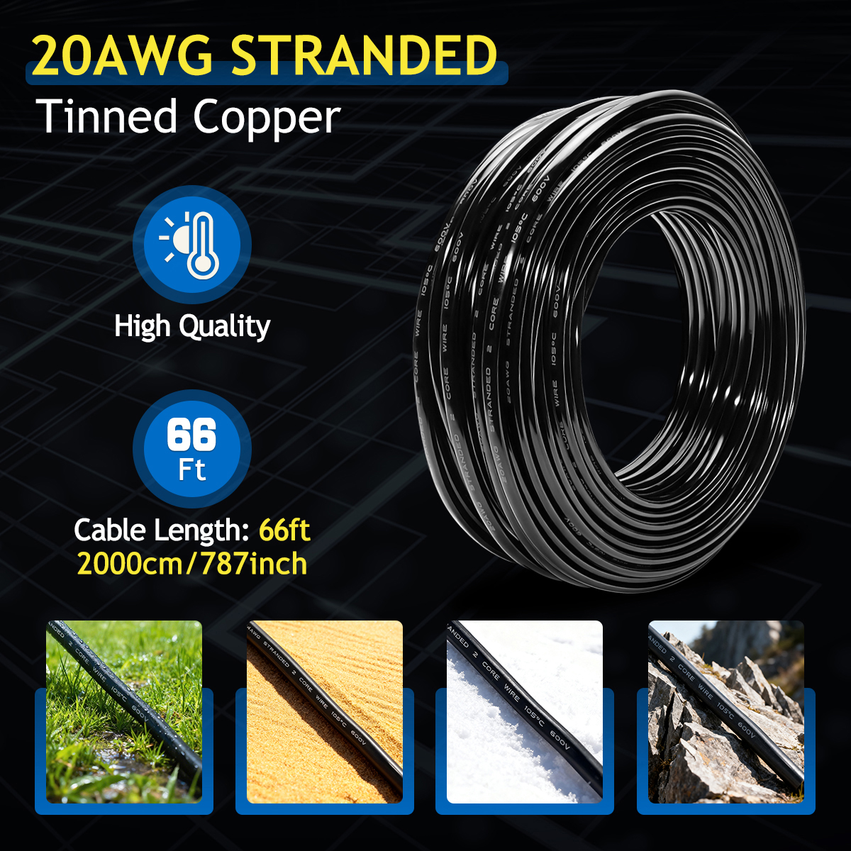 20 Gauge Wire 2 Core Oxygen-Free Tinned Copper Electrical Wire, 2x 0.5mm²20 AWG OFC Pure Copper Stranded PVC Cord, 12V 24V 600V Flexible 20/2 Cable for Automotive LED Strips Lamp Lighting (66FT/ 20M)