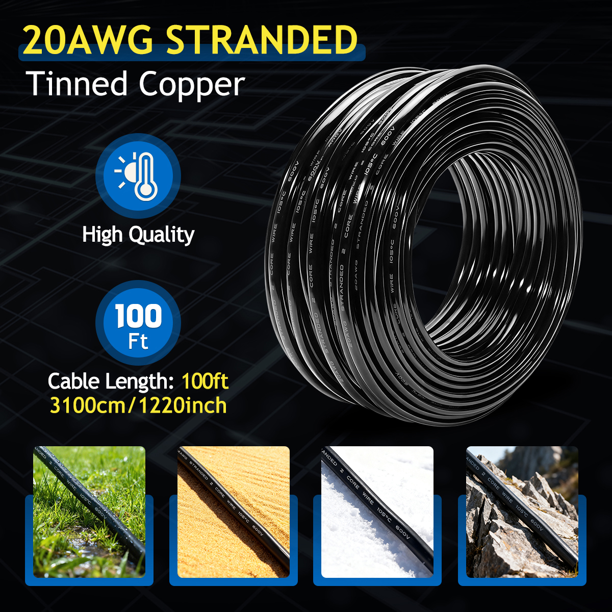 20 Gauge Wire 2 Core Oxygen-Free Tinned Copper Electrical Wire, 2x 0.5mm²20 AWG OFC Pure Copper Stranded PVC Cord, 12V 24V 600V Flexible 20/2 Cable for Automotive LED Strips Lamp Lighting (100FT/ 31M)