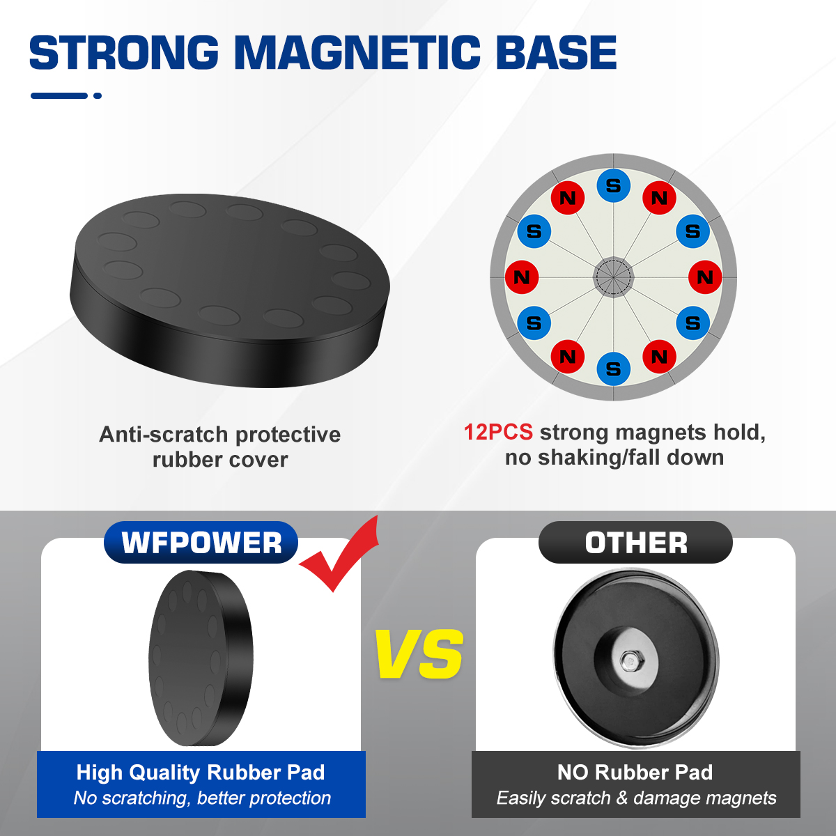 WFPOWER Light Bar Magnetic Base 4 Pack, LED Work Light Mounting Brackets, 85mm Diameter Powerful Magnet Bracket Holder with Rubber Pad for Off-Road Lamp, Emergency Light, Roof Light, Fog Light