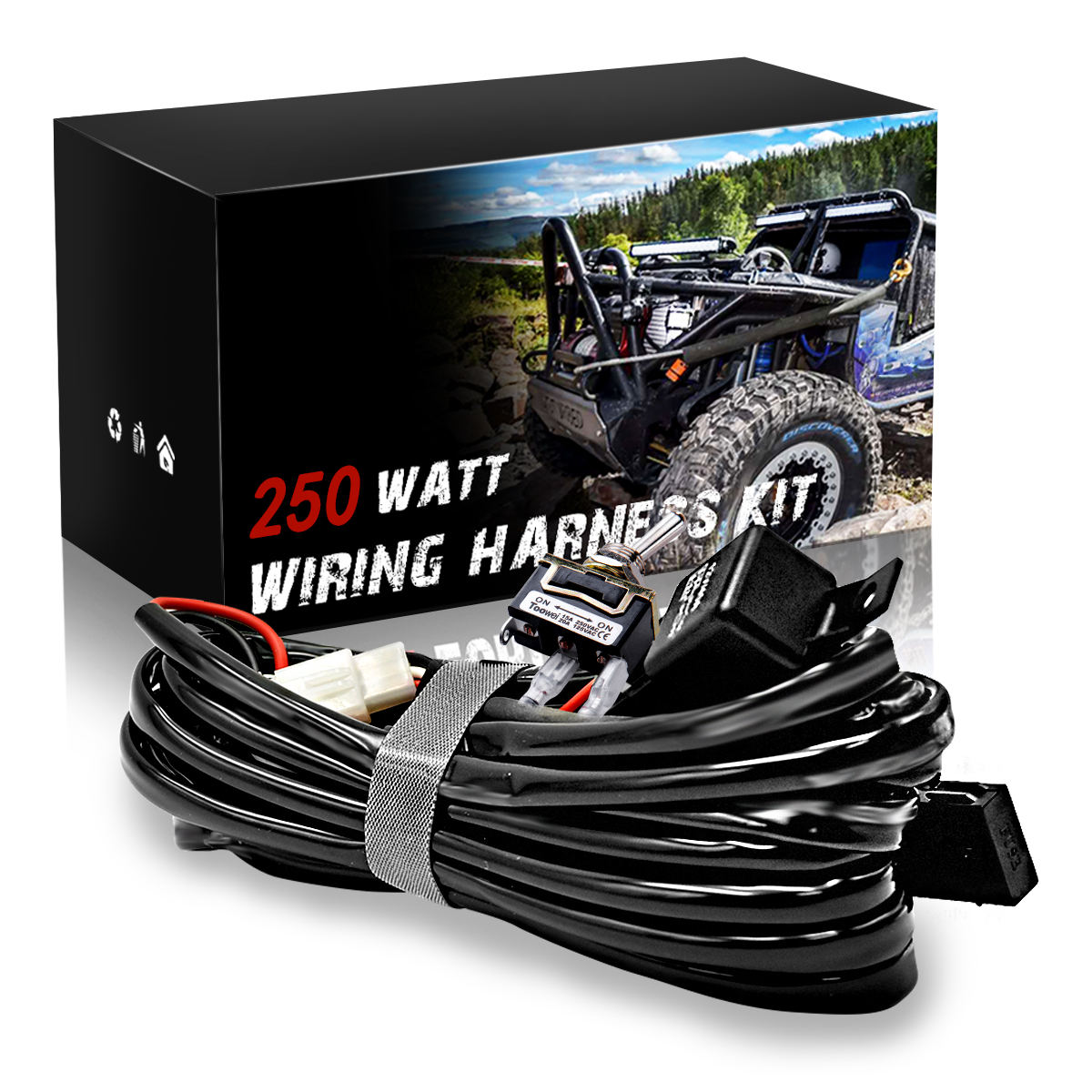 WOWLED Premium Wiring Harness Kit, One Lead Harness Loom Switch Relay Kit for 1 LED Driving Work Light Bar, LED Light Bar Harness for Truck Tractor 4X4 4WD ATV 12V 24V