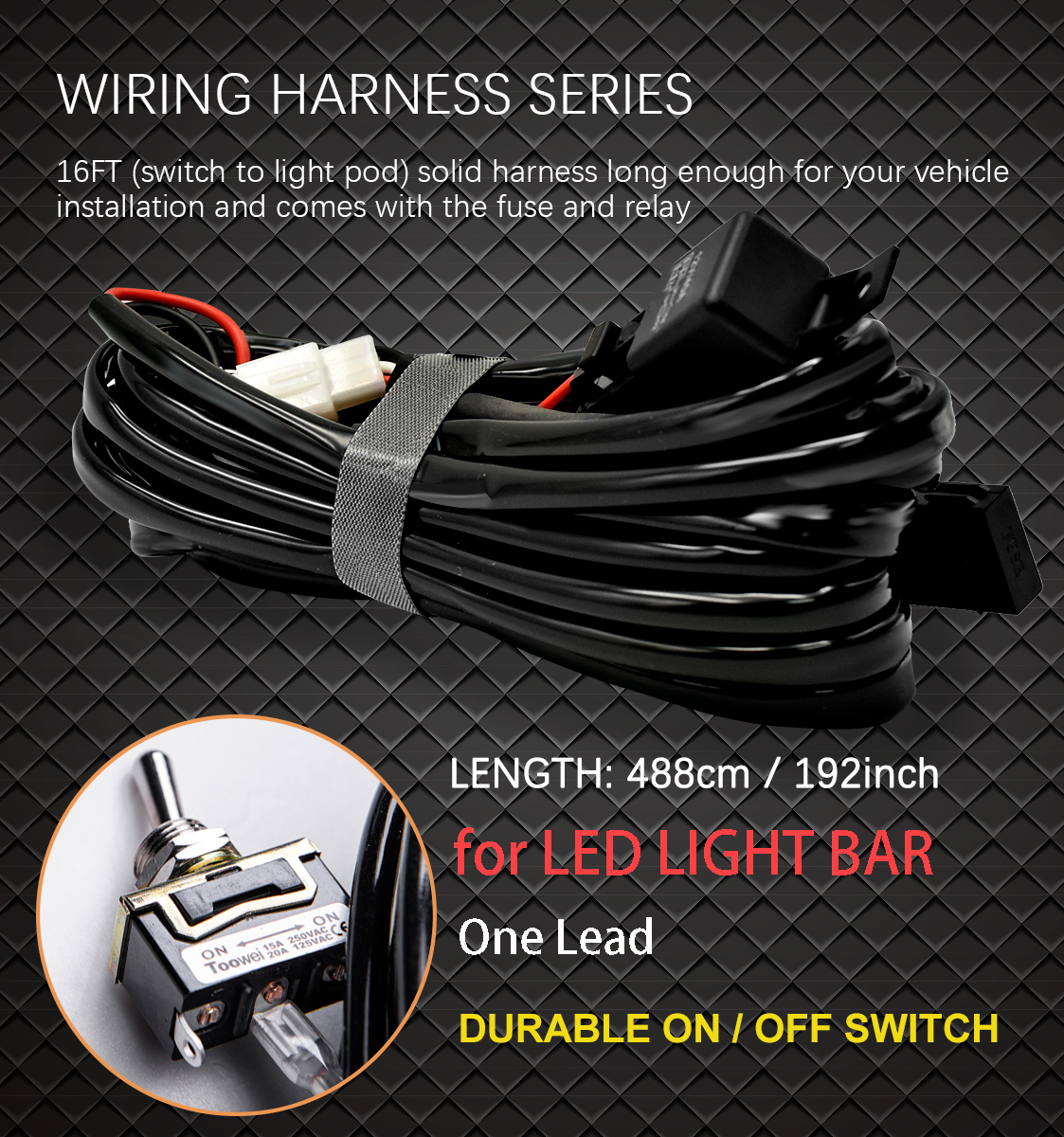 WOWLED Premium Wiring Harness Kit, One Lead Harness Loom Switch Relay Kit for 1 LED Driving Work Light Bar, LED Light Bar Harness for Truck Tractor 4X4 4WD ATV 12V 24V