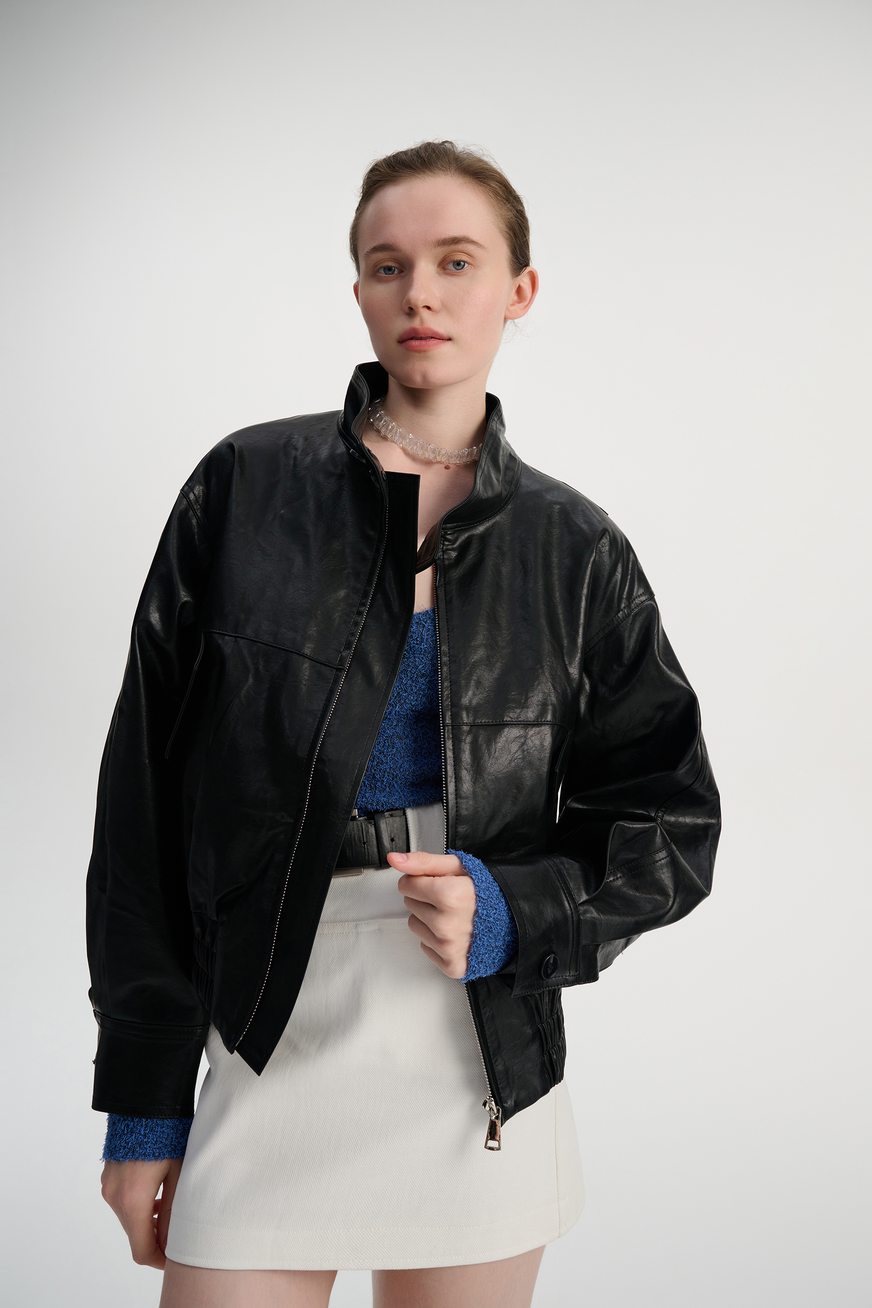 Faux leather stand collar jacket
