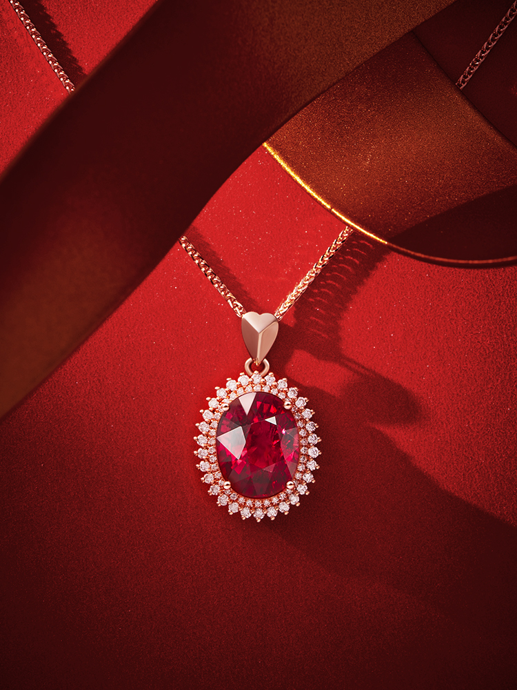 Pigeon Blood Red Tourmaline 18K Gold Diamond Necklace Pendant Women's Natural Gem