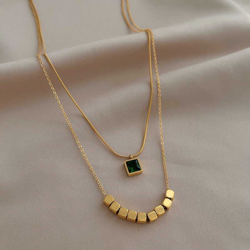 Unique Design Double layer Small Square Collar Neck Chain Fashion Personality Advanced Emerald Necklace