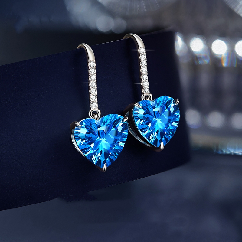 Royal Blue Topa Stone Ocean Heart Platinum Earrings Gift for Girlfriend Rose Gift Box