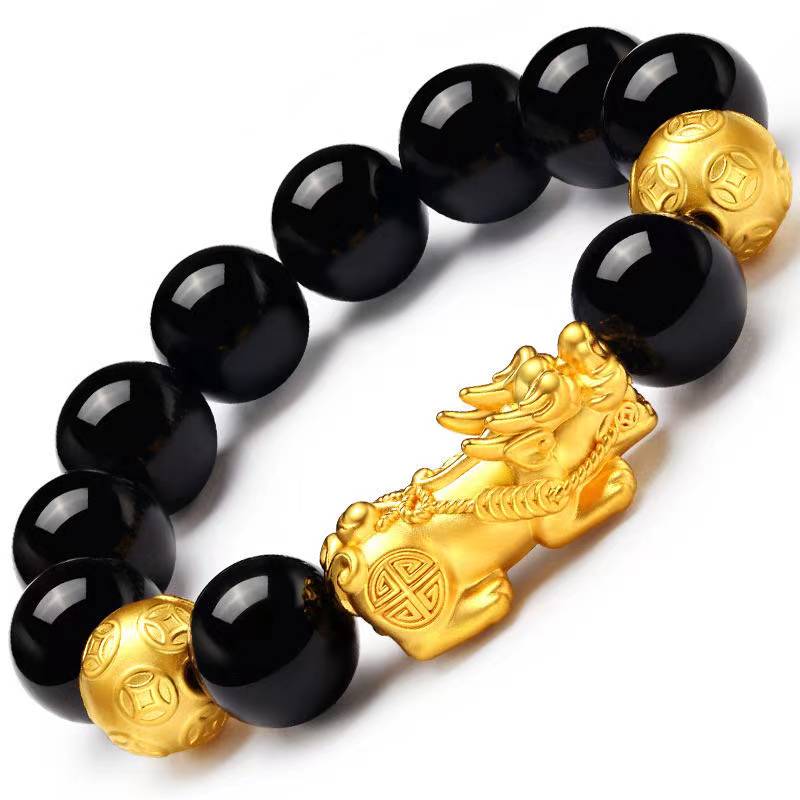 Vietnamese Sand Golden Pixiu Bracelet Black Obsidian Agate Transport Bead Bracelet Transport Lucky Gift for Parents and Elders