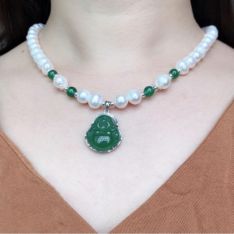 Pearl necklace + agate Buddha pendant to protect the peace, longevity, a good gift for elders
