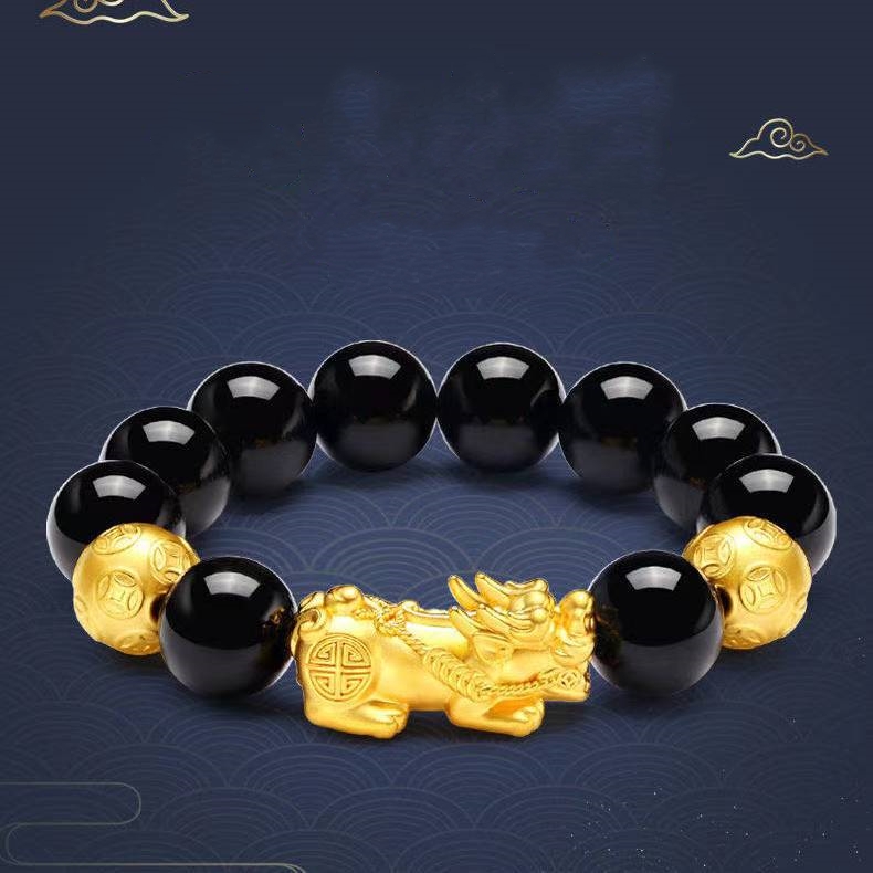 Vietnamese Sand Golden Pixiu Bracelet Black Obsidian Agate Transport Bead Bracelet Transport Lucky Gift for Parents and Elders