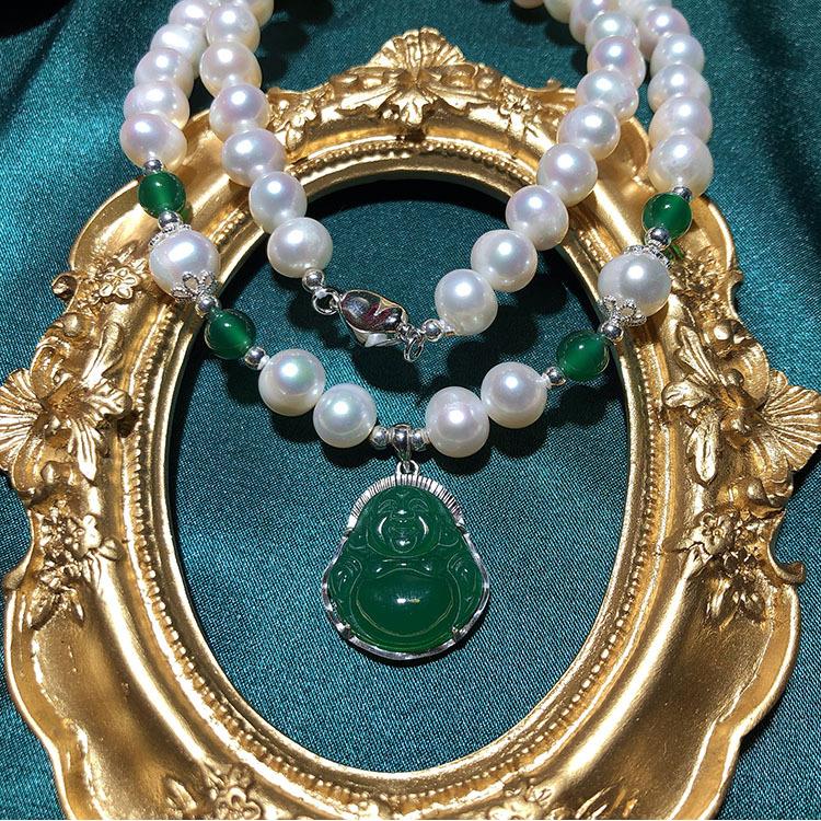 Pearl necklace + agate Buddha pendant to protect the peace, longevity, a good gift for elders