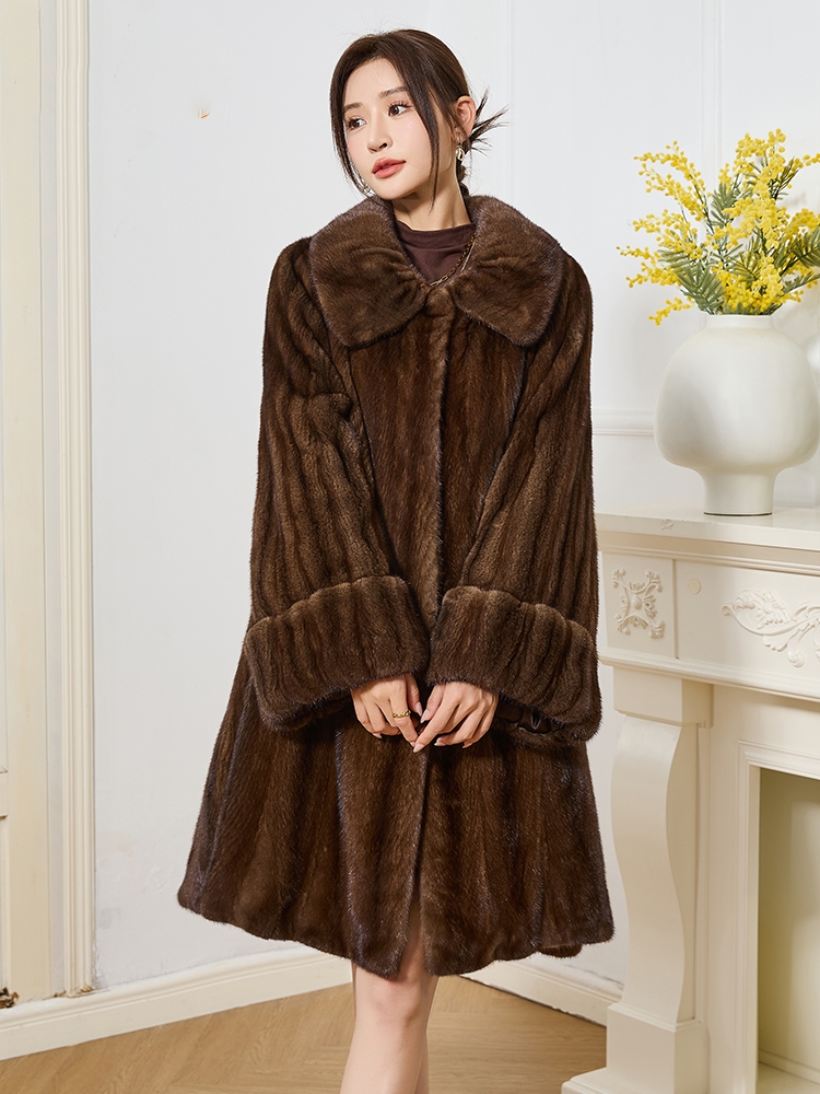 Imported mink coat, women's whole mink, medium long style, lapel fur, young style
