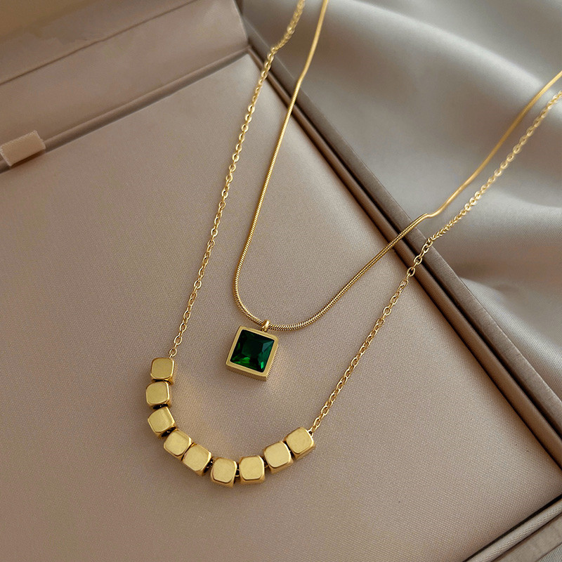 Unique Design Double layer Small Square Collar Neck Chain Fashion Personality Advanced Emerald Necklace