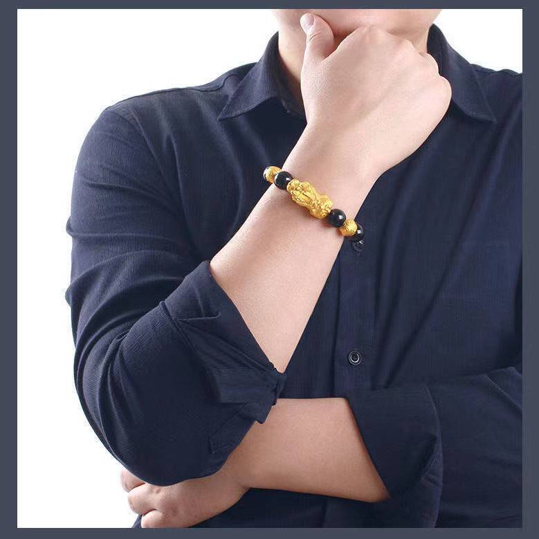 Vietnamese Sand Golden Pixiu Bracelet Black Obsidian Agate Transport Bead Bracelet Transport Lucky Gift for Parents and Elders