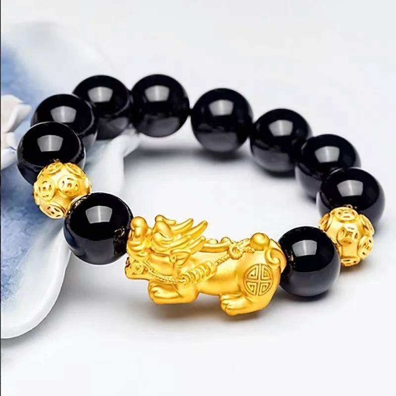 Vietnamese Sand Golden Pixiu Bracelet Black Obsidian Agate Transport Bead Bracelet Transport Lucky Gift for Parents and Elders