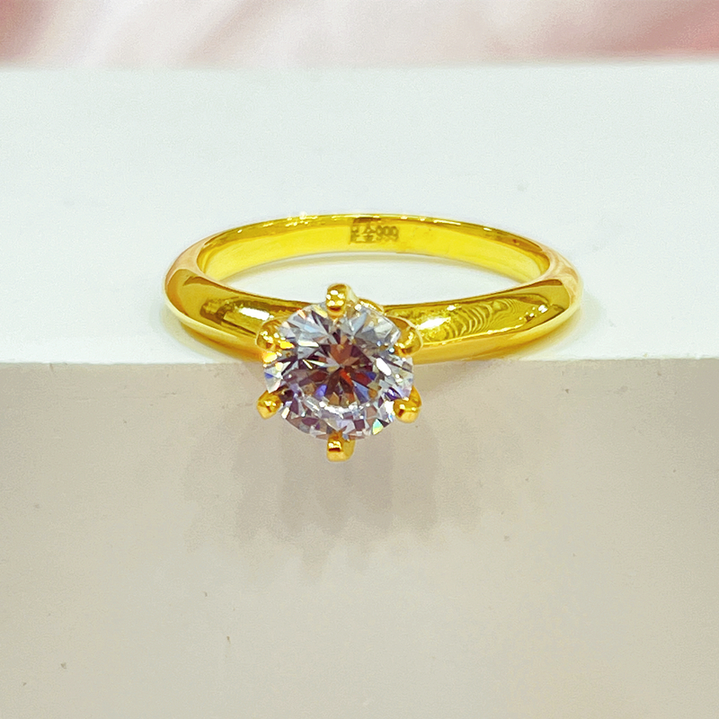 999 foot gold diamond studded classic six claw gold ring