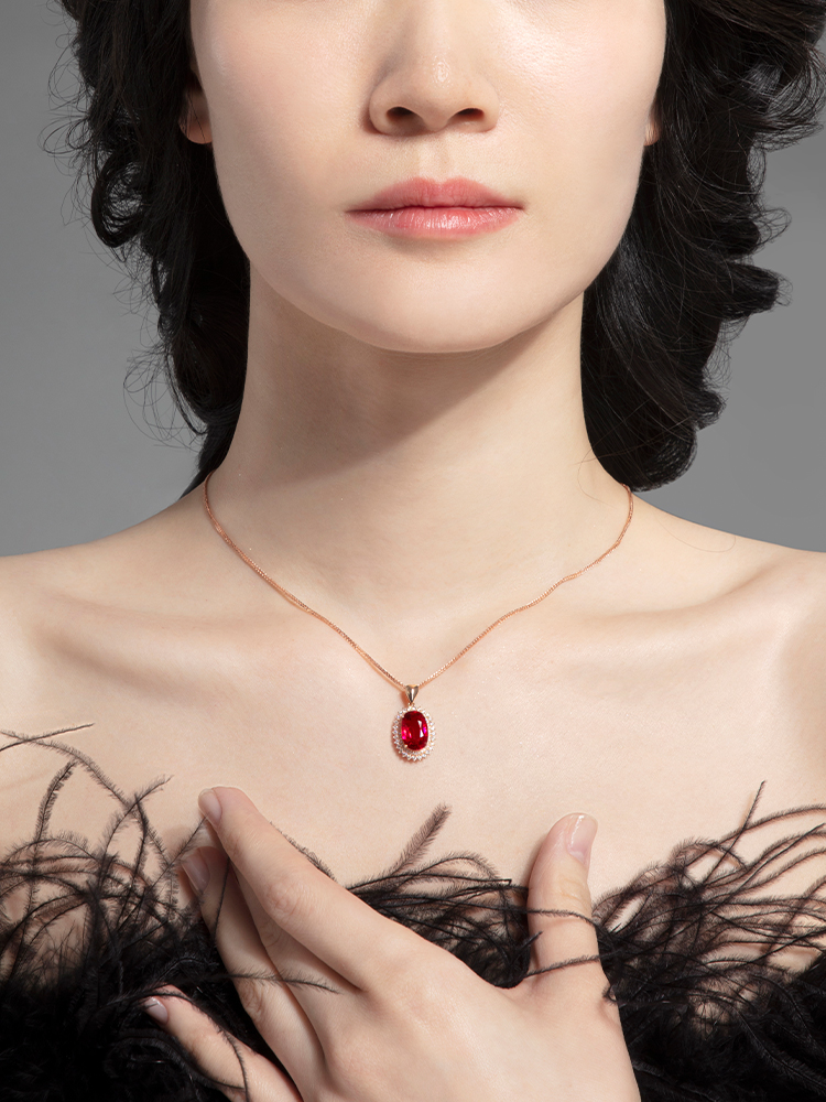 Pigeon Blood Red Tourmaline 18K Gold Diamond Necklace Pendant Women's Natural Gem
