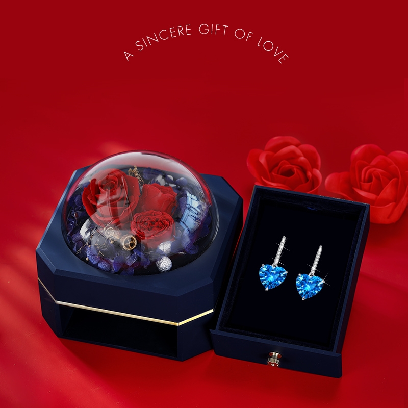 Royal Blue Topa Stone Ocean Heart Platinum Earrings Gift for Girlfriend Rose Gift Box
