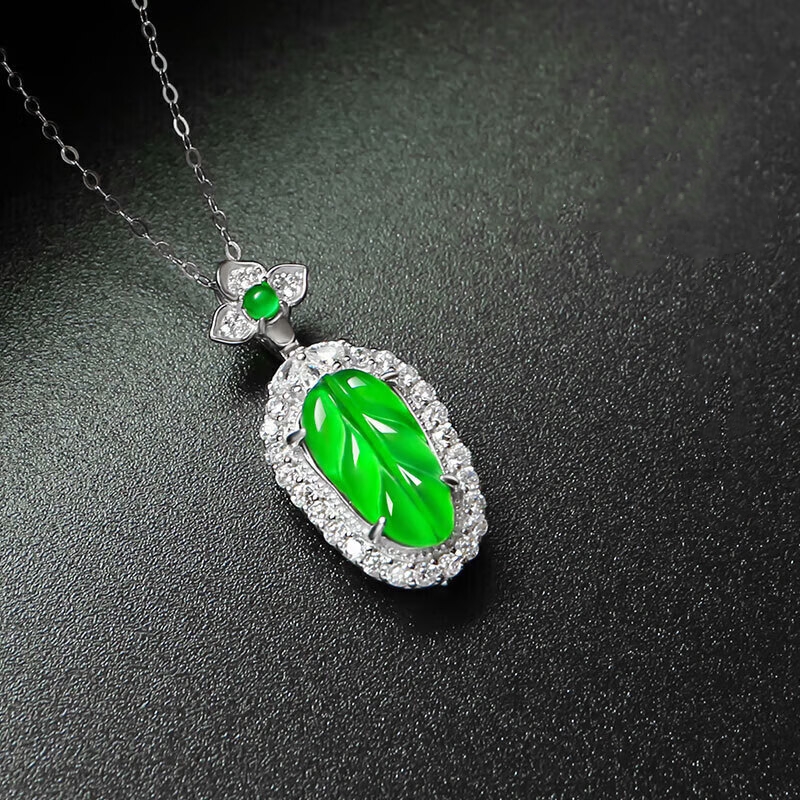 Silver inlaid jadeite pendant women's silver inlaid jade A goods jadeite leaves jade pendant