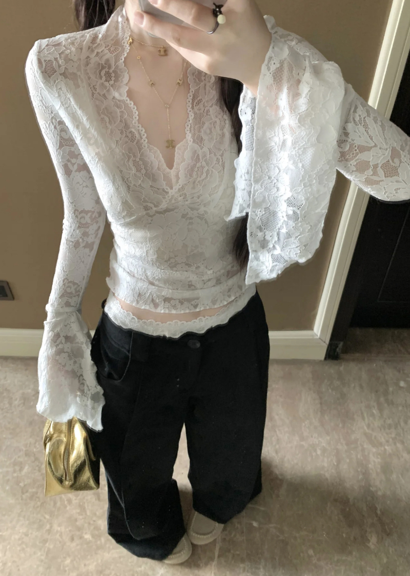 French V-neck sexy slim fit short temperament top with white lace base