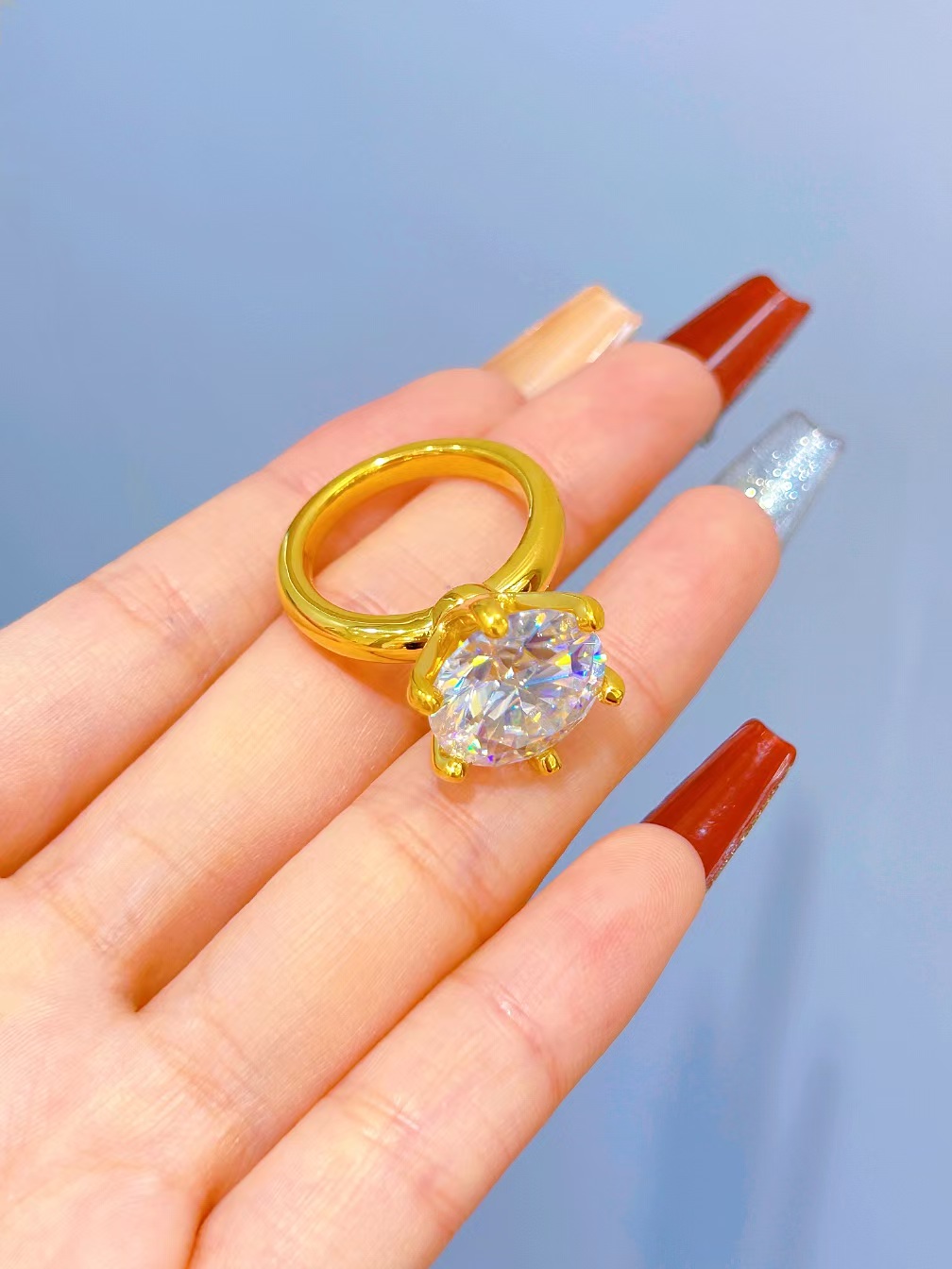 999 gold studded with diamonds, 5g classic six claw ring, luxurious and grand proposal gift