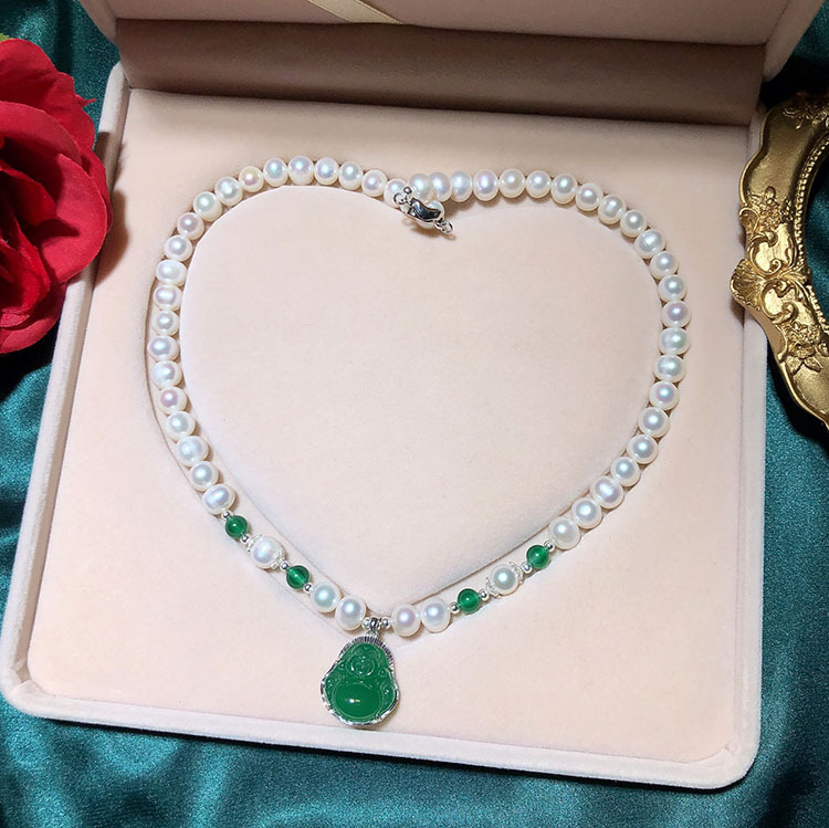 Pearl necklace + agate Buddha pendant to protect the peace, longevity, a good gift for elders