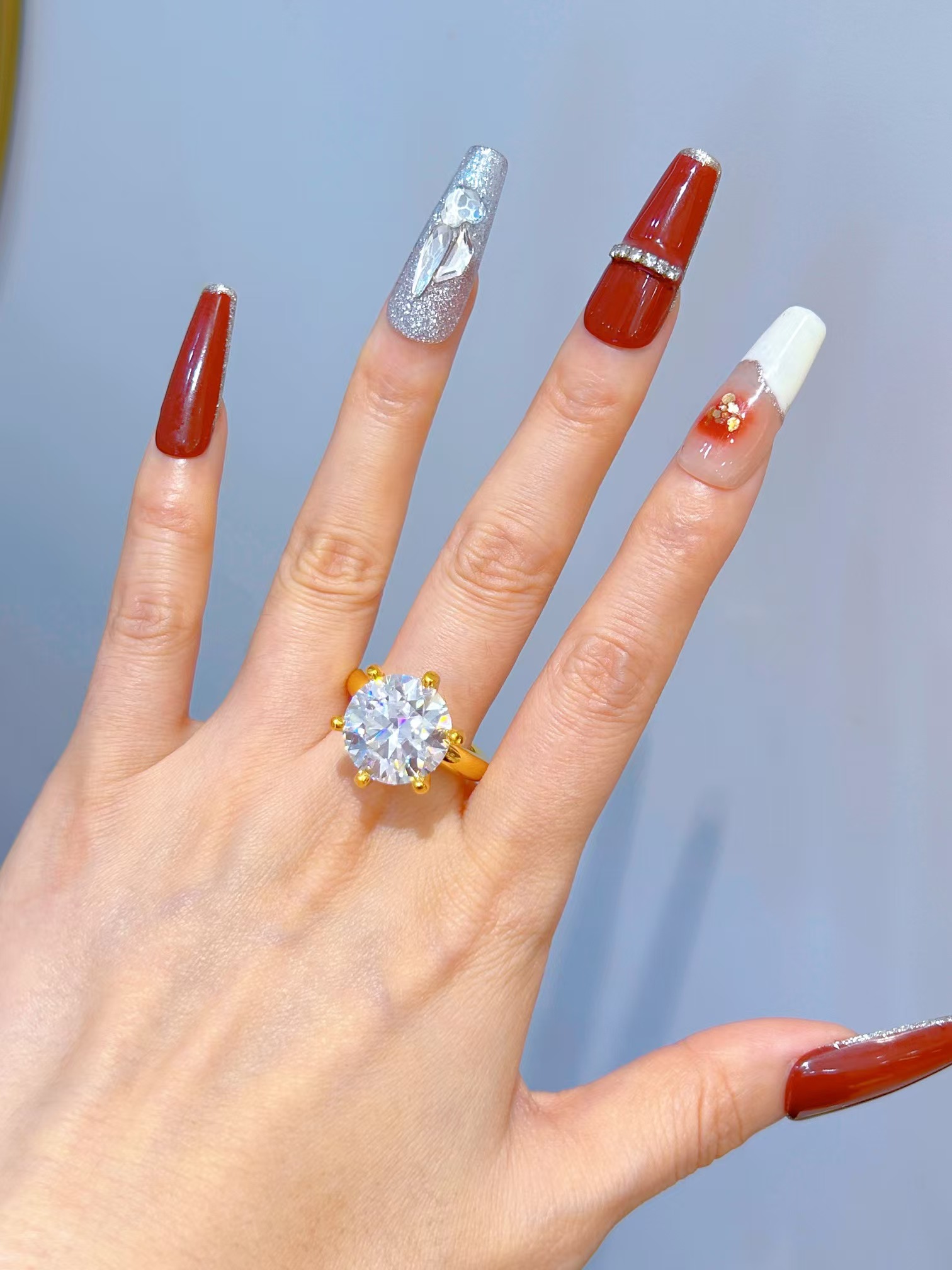 999 gold studded with diamonds, 5g classic six claw ring, luxurious and grand proposal gift