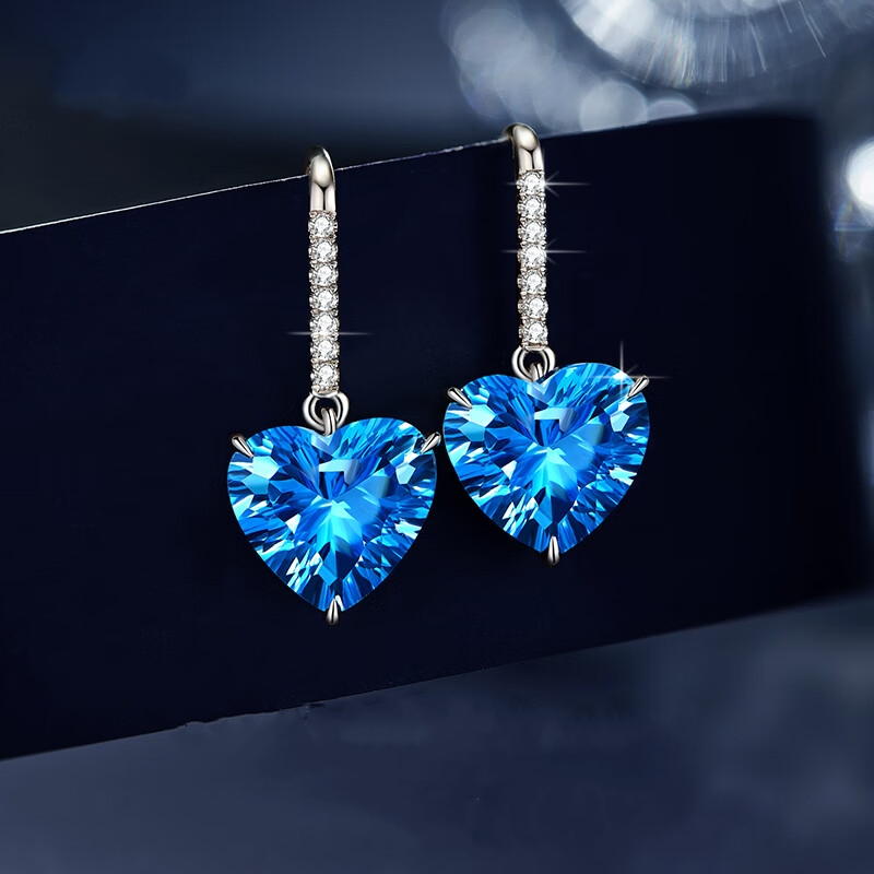 Royal Blue Topa Stone Ocean Heart Platinum Earrings Gift for Girlfriend Rose Gift Box