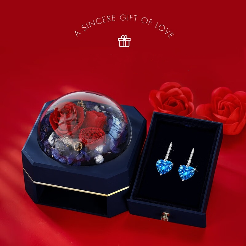 Royal Blue Topa Stone Ocean Heart Platinum Earrings Gift for Girlfriend Rose Gift Box