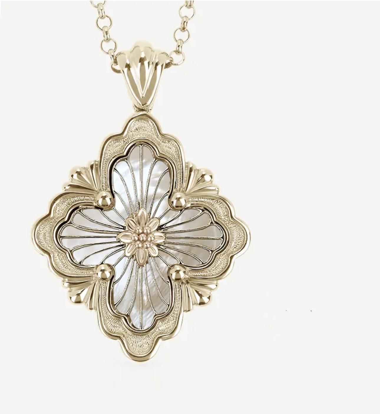 18k Yellow Gold Agate Pendant Stacked Beads Rosette Crafted Women's Necklace White Mother of Pearl