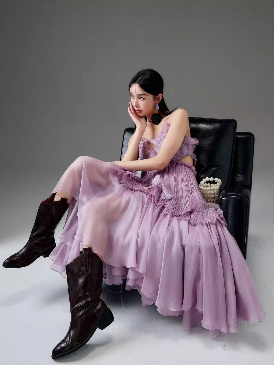 High end purple organ pleated heavy industry sling with mushroom edge French retro dress