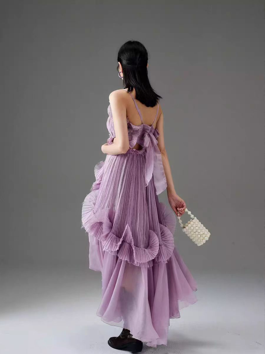 High end purple organ pleated heavy industry sling with mushroom edge French retro dress