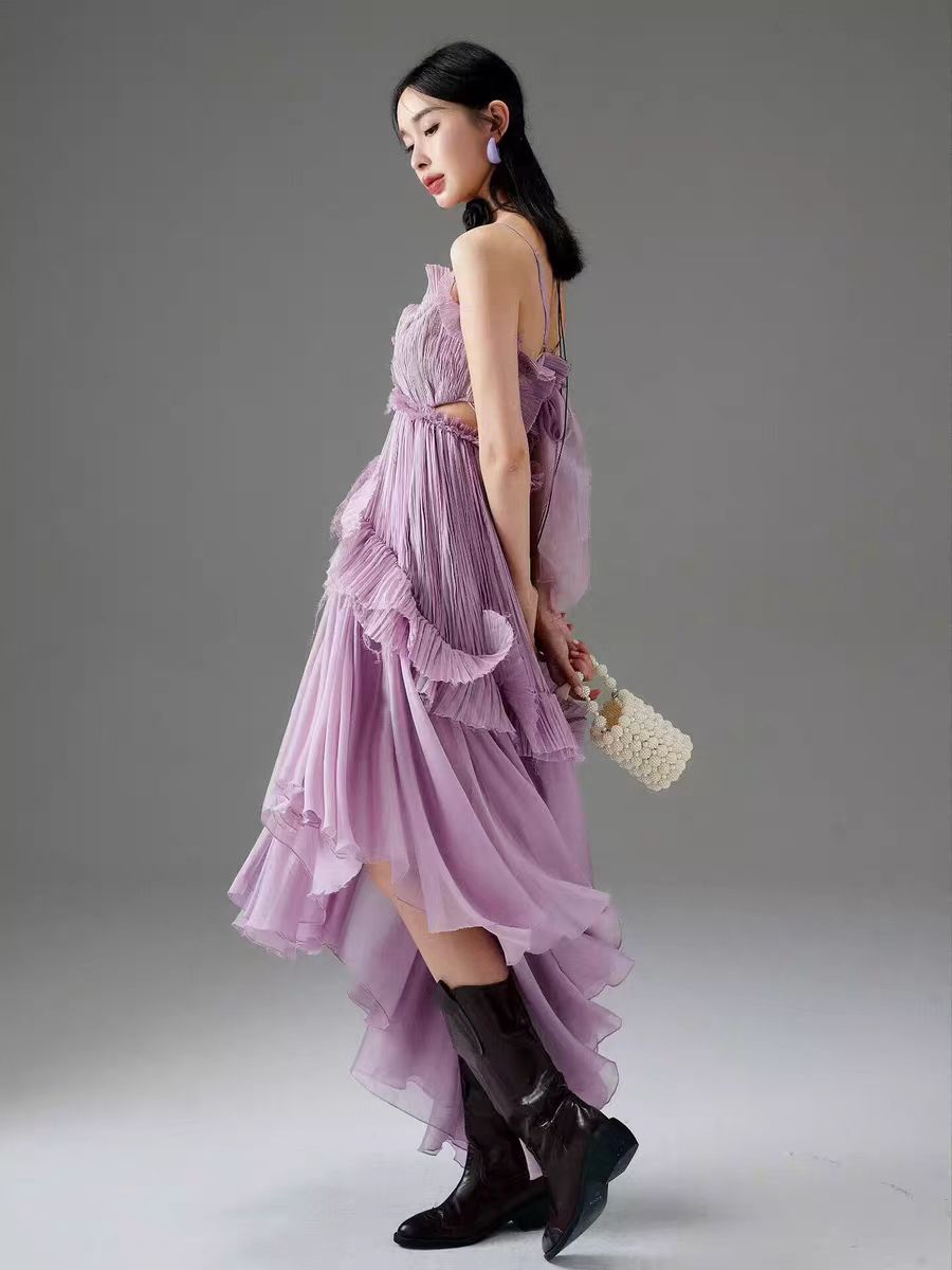 High end purple organ pleated heavy industry sling with mushroom edge French retro dress