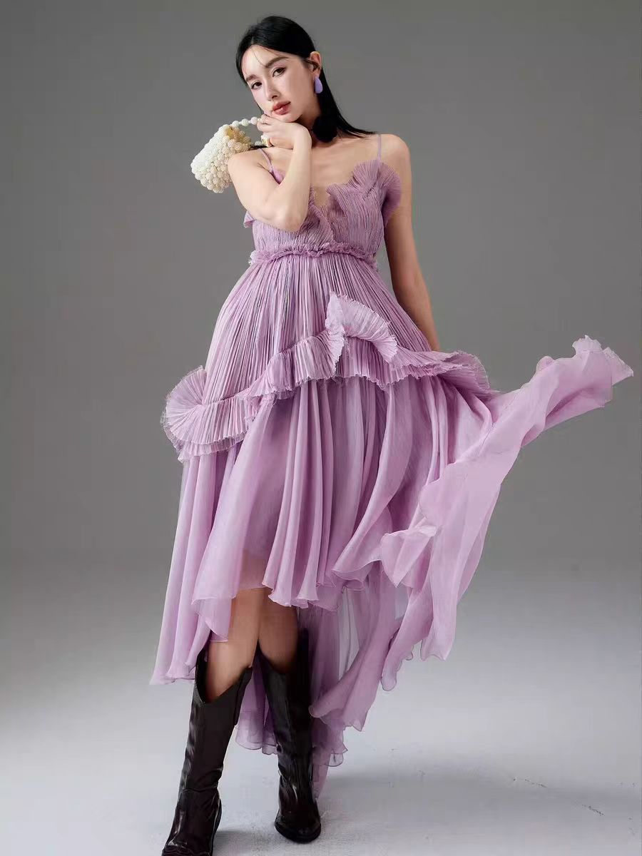 High end purple organ pleated heavy industry sling with mushroom edge French retro dress