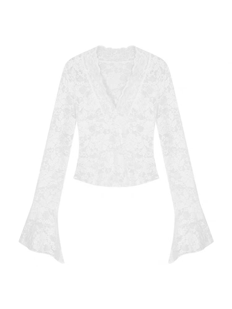 French V-neck sexy slim fit short temperament top with white lace base