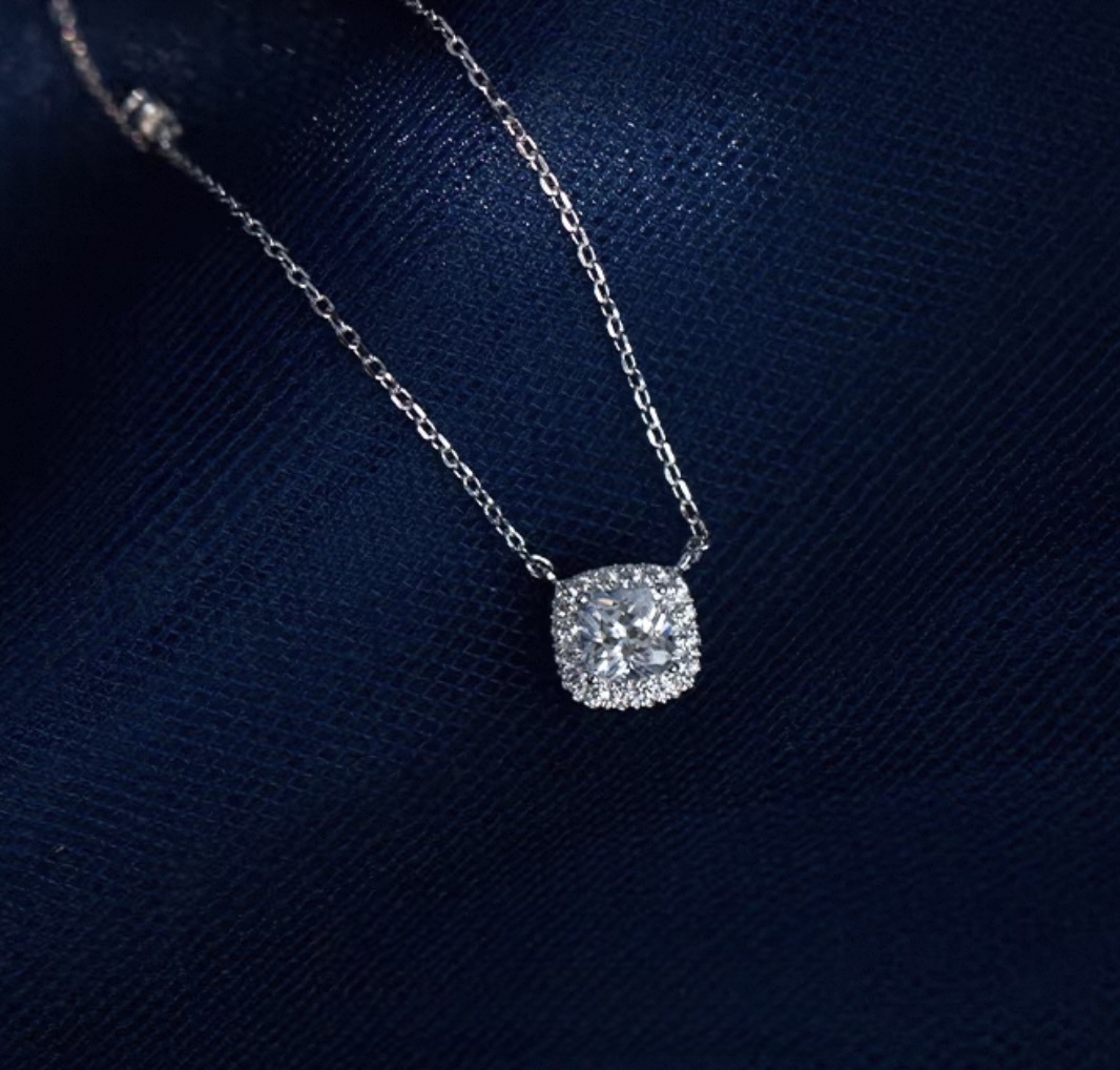 Square studded diamonds, vintage square diamond sterling silver necklace for women